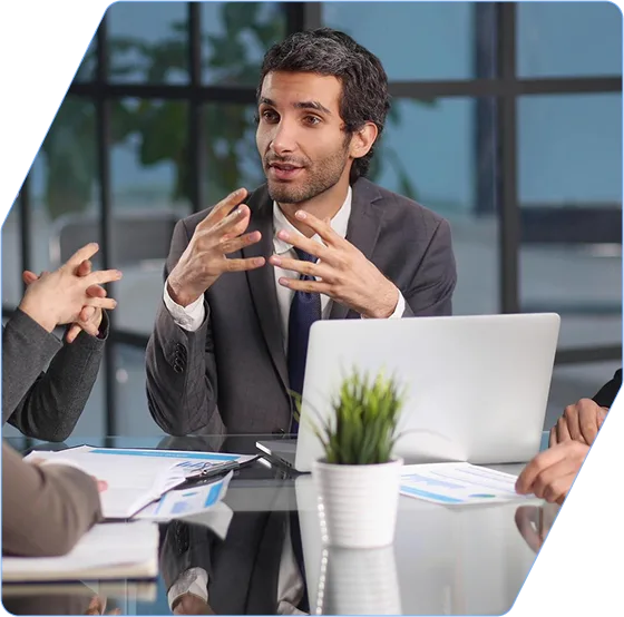 Business consultant discussing digital marketing strategies with clients